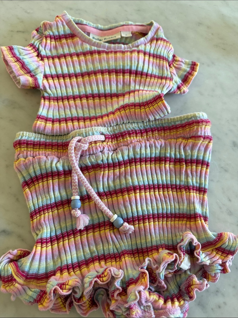 Roller Rabbit Kids Matching Set - Pink, Yellow, Blue Striped Ribbed Top & Skirt